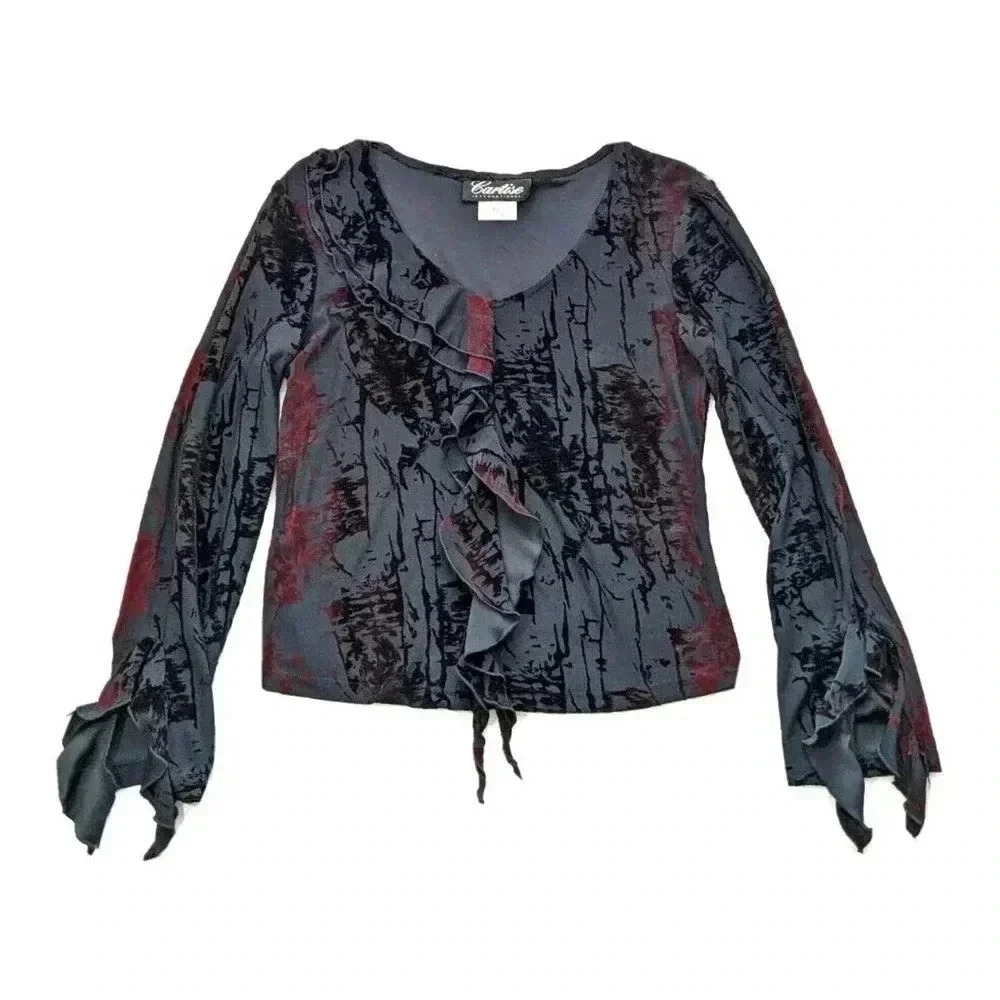 Cartise International Black Red Velvet Ruffle Bell Sleeve V Neck Whimsigoth